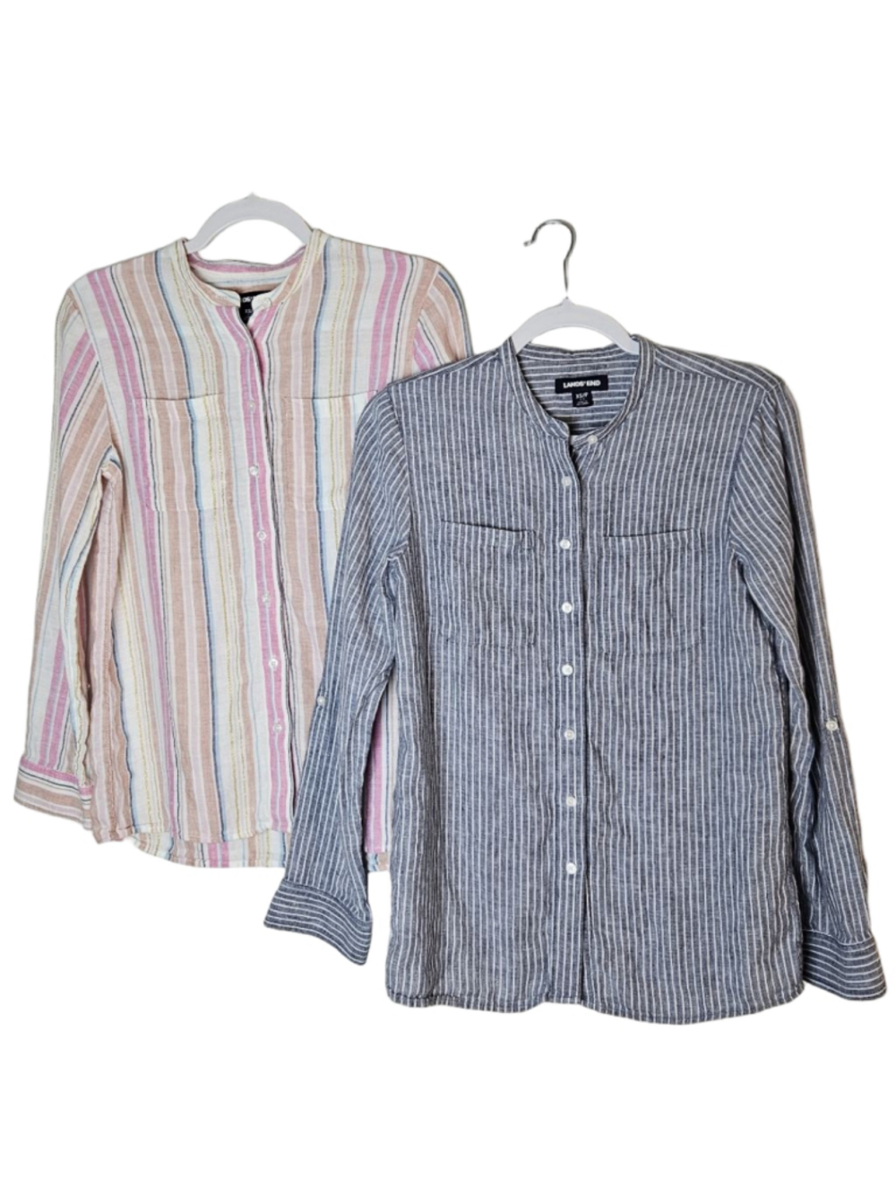 Lands' End Linen Button Down Shirts Bundle of 2 Blue Pink Striped XSP Roll Tab